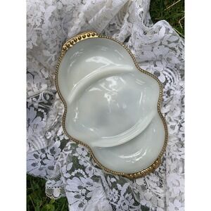 Fire King Milk Glass White Divided Serving Tray Gold Trim
